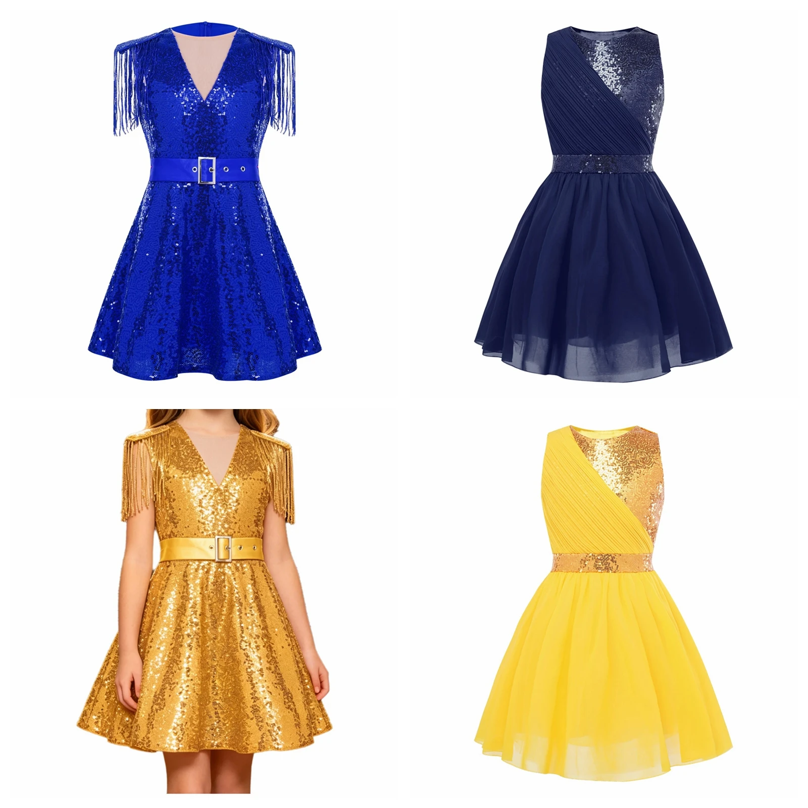 

Modern Dance Costume Childs Kids Girls Glitter Party Dress Fringed Shoulder Prom Gown Sequins Birthday Performance Costumes