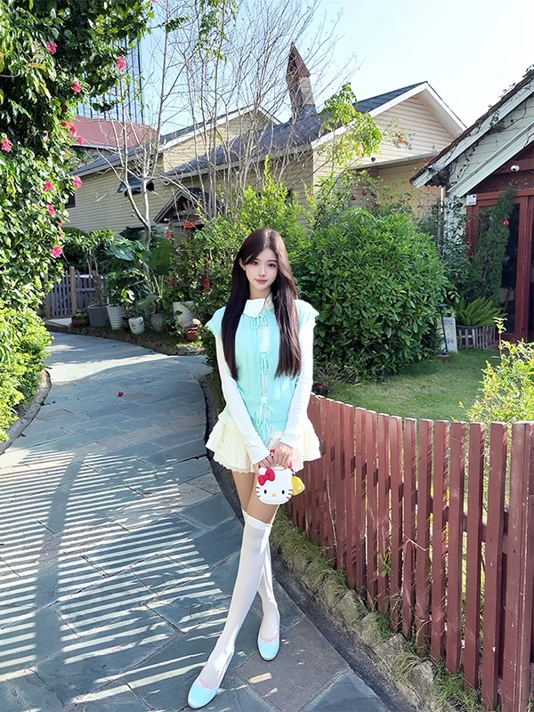 Mint Green Jacket Top Women's  Style Two-Piece Set Spring Summer New Arrival Forest System Girls' Fashion  Knot