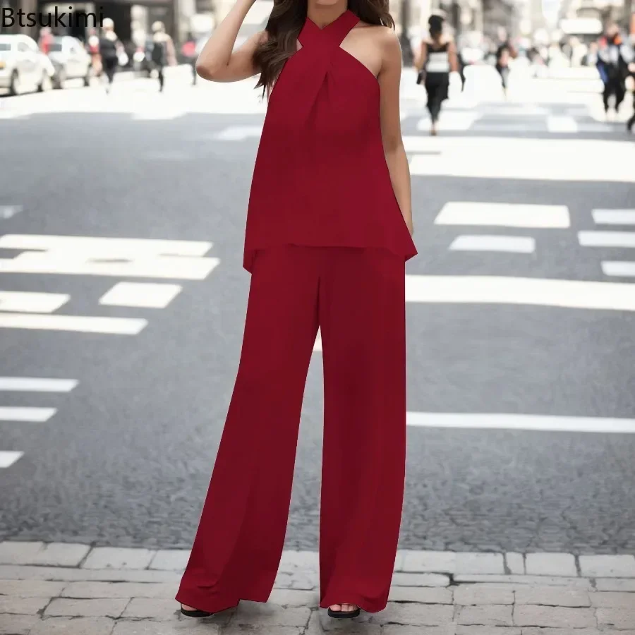 2025 Set di pantaloni casual da donna primavera estate 2 pezzi Set di top corto sexy solido e pantaloni casual Completi di abbigliamento da donna in due pezzi