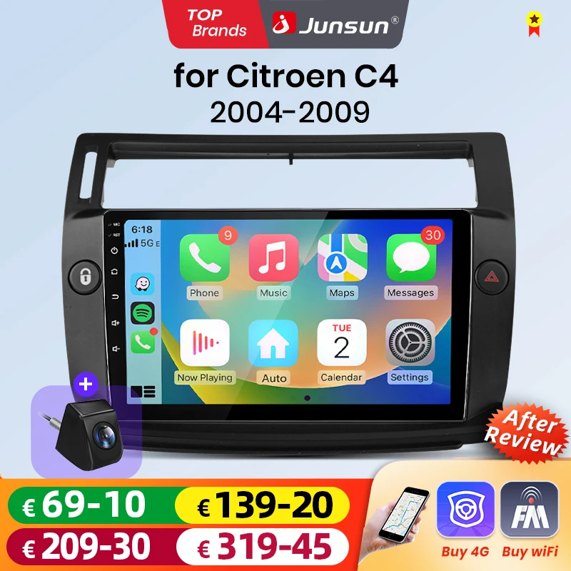 Autoradio Android Auto Junsun pour Citroen C4 2004 2005 2006 2007 2008 2009, système intelligent multimédia sans fil Apple CarPlay, écran tactile IPS, lecteur vidéo stéréo, autoradio 2 Din, navigation