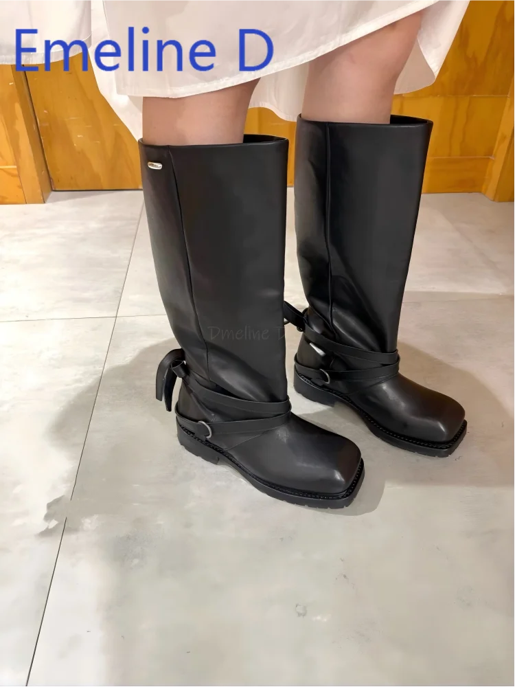 Black Square Toe Motorcycle Boots Unisex Fashionable Knight Boots Back Strap Retro Style Sleeve Minimalist Tooling Boots