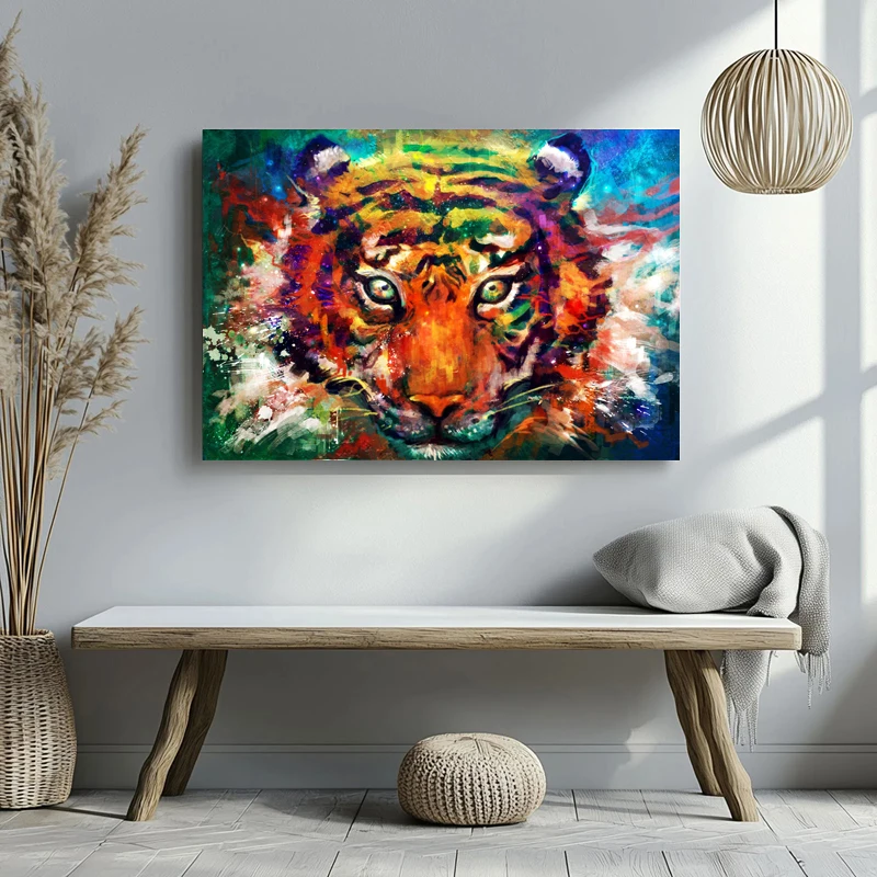 Abstract Tiger Head Wall Art, Big Size Colorful Graffiti Style Canvas Print, Framed Poster Decorative Painting for Home Living
