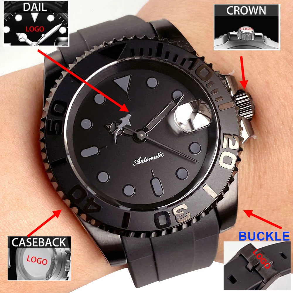 Customized Logo Classic Black Diver Watch Shark Hands PVD Coating Sapphire Glass 200m Waterproof NH35 Mechanical Automatic Watch