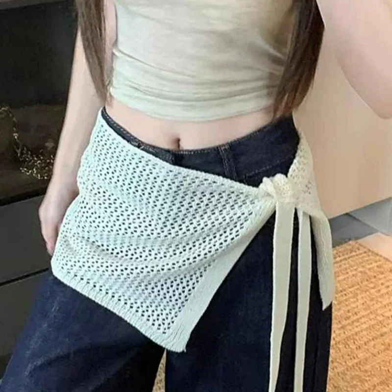 

Fashion Polyester Hollow Knitted Skirt See Through Y2K Streetwear Short Skirt High Waist Harajuku Waist Scarf Dance Accessories