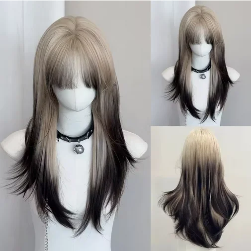 Ombre Blonde Black Synthetic Layered Wig for Lolita Cosplay Daily Party Women Long Straight Wig with Bangs