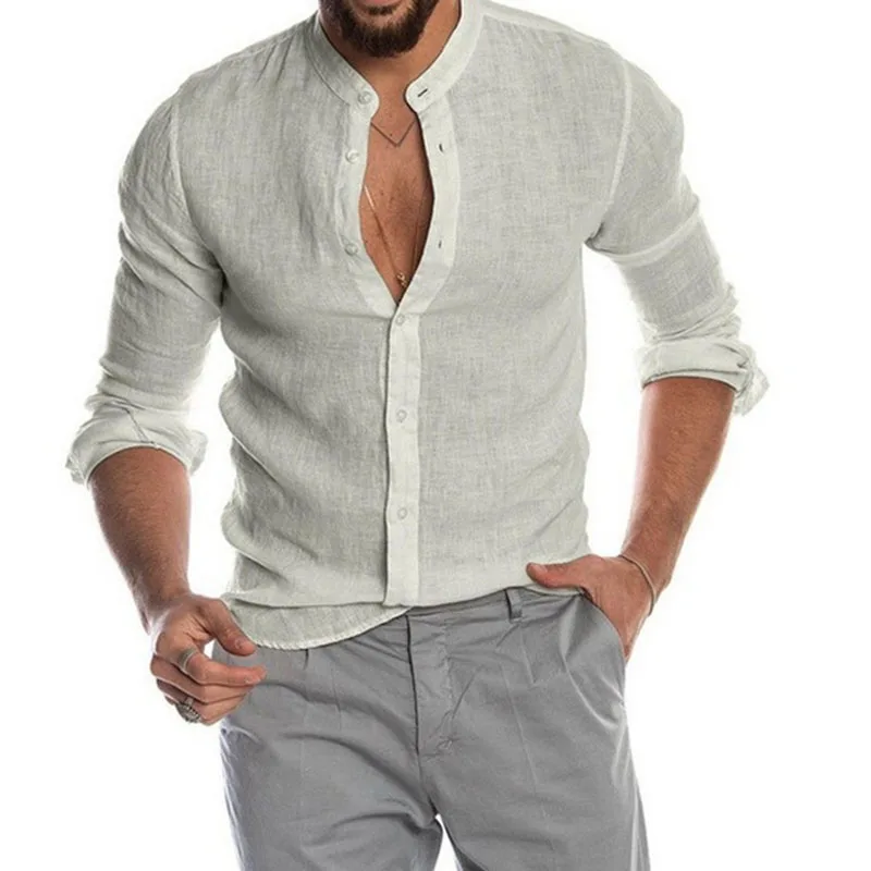 

2025 Мужская рубашка, мужские топы, футболка с длинным рукавом, весна-лето, повседневные льняные мужские рубашки, кардиган с воротником-стойкой, одежда MY771