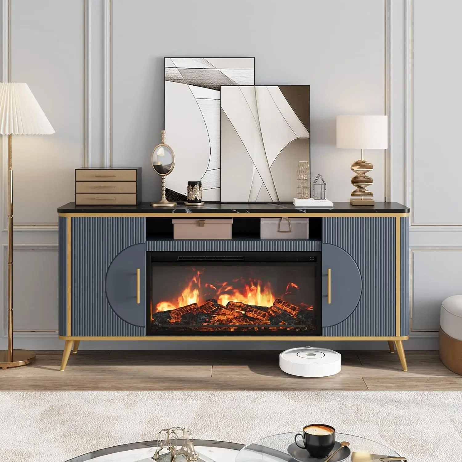 Modern Fluted TV Stand with Electric Fireplace for up to 80'' TVs Luxury Customizable Media Entertainment Center image 5