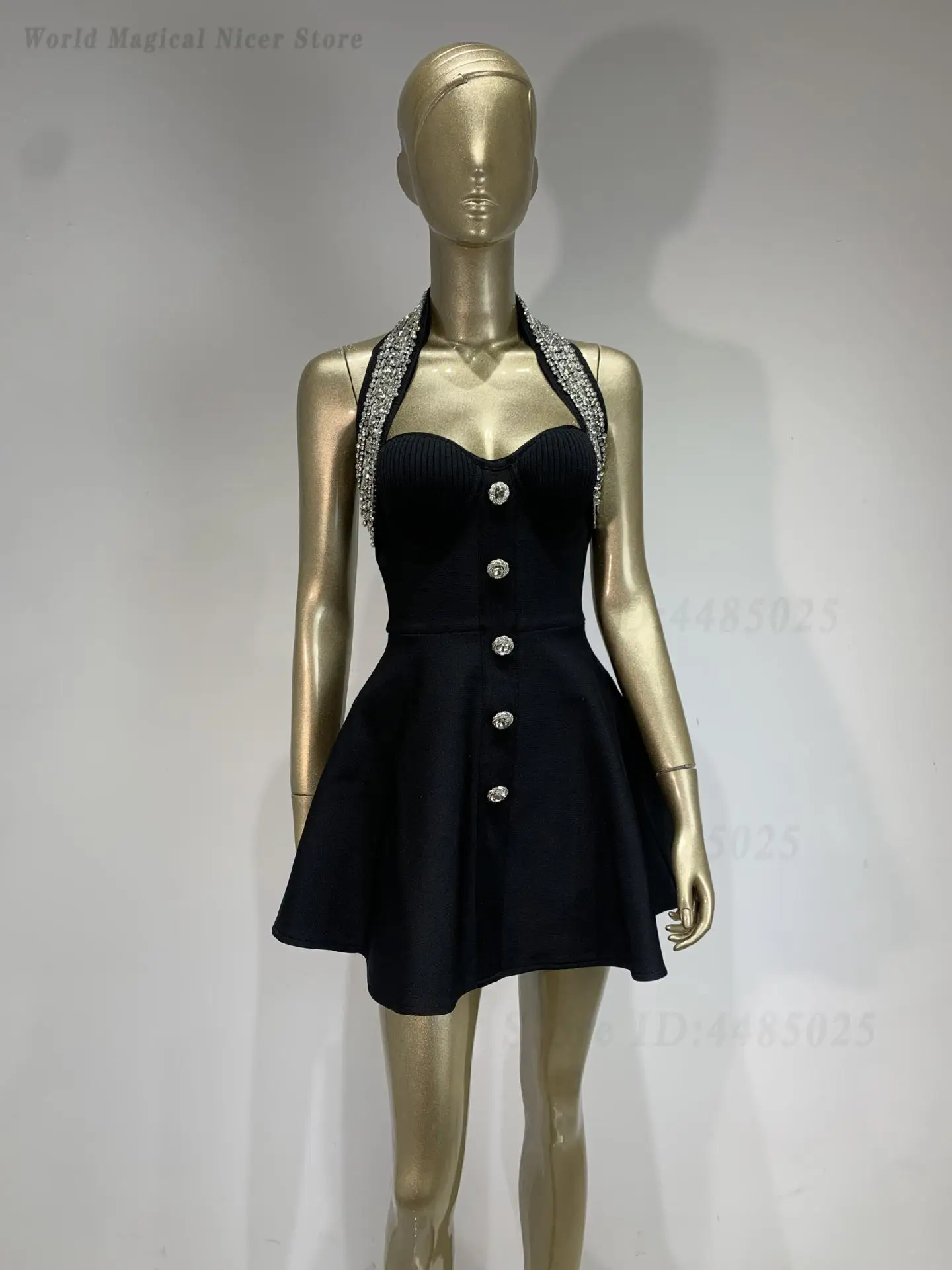 Women Summer New Arrival Halter Rhinestone Single Row Button A Line Bandage Dress European American High Street