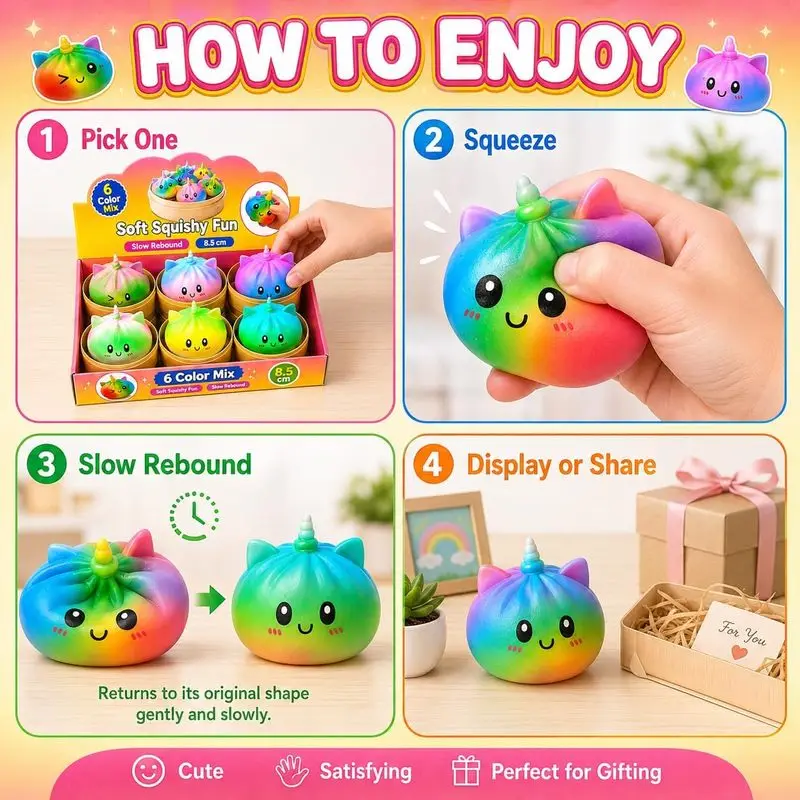 Steamer Unicorn Squishy Blind Box Shimmer Glitter Crystal Simulation Bun Fidget Toy Cute Fake Bun Squeeze Stress Relief Vent Toy