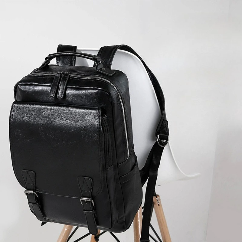 Fashion Flap Backpack Men Large Capacity 15.6 Inch Laptop Backpacks For Men Soft PU Leather Travel Backpack Student Schoolbag