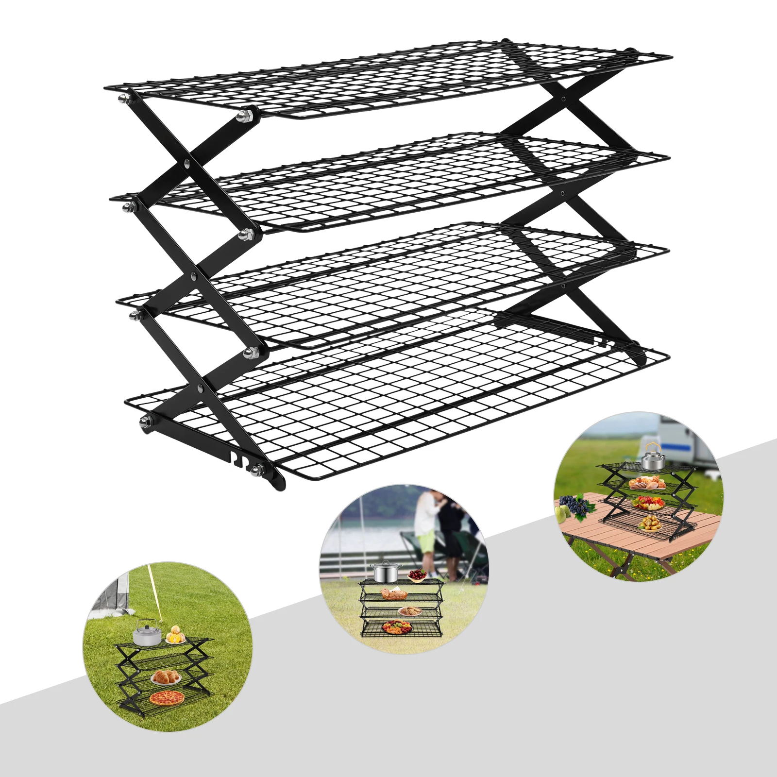 4-Tiers Outdoor Folding Shelf Portable Barbecue Net Desk Camp Grill Storge Rack