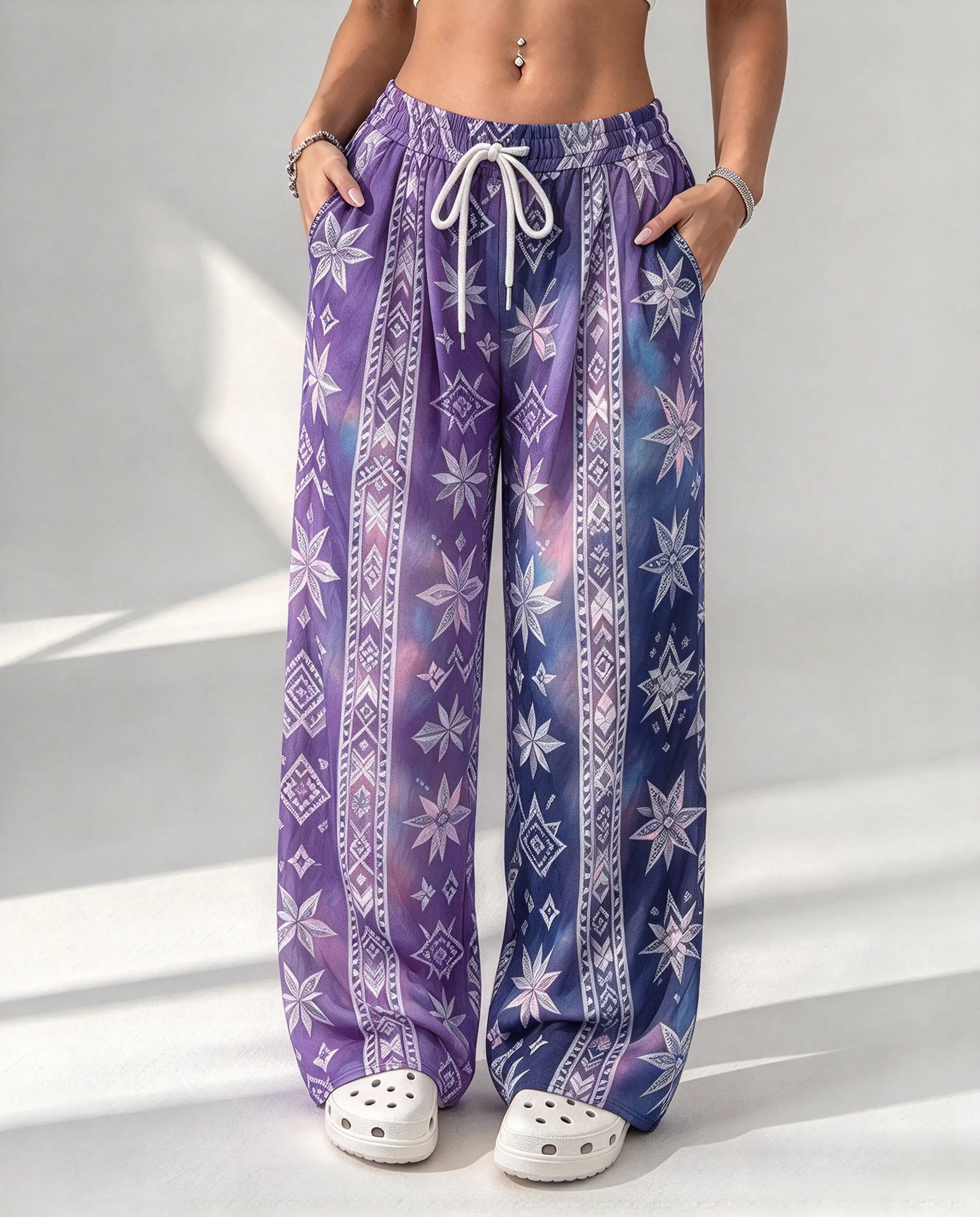 Women Boho Floral Geometric Print Wide Leg Pants Elastic Drawstring Waist Casual Loose Trousers With Pockets Holiday Beach Pants