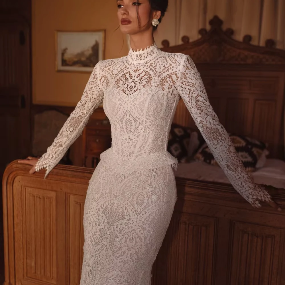 Customized New Arrival Beaded Lace Long Wedding Dress For Woman Bride Modest High Collar Graceful Mermaid Bridal Gown