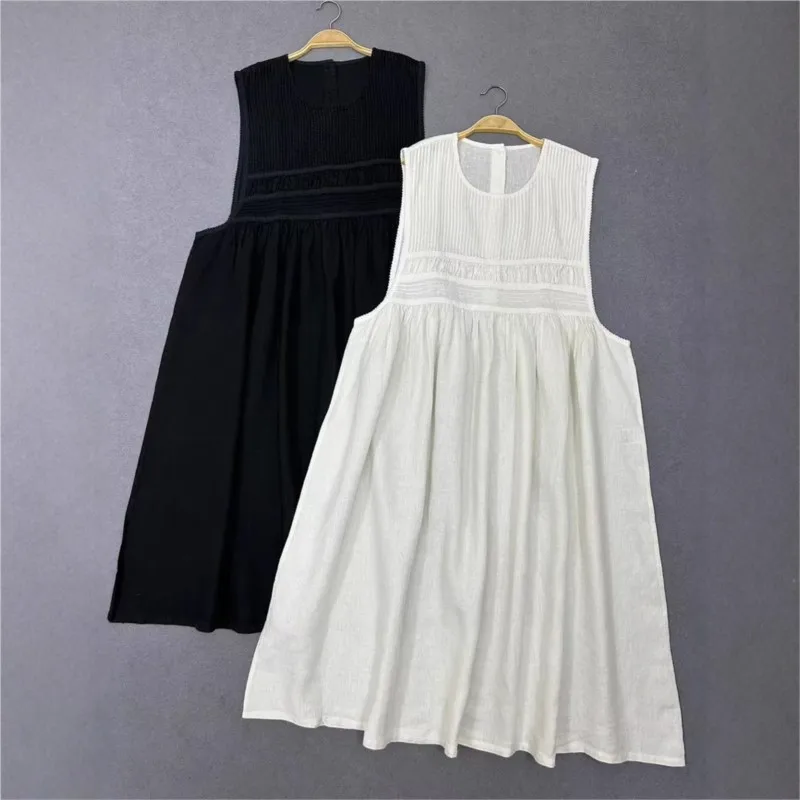 Johnature japonês doce linho plissado de cintura alta sem mangas vestido primavera verão novo solto em camadas plissado vestidos femininos