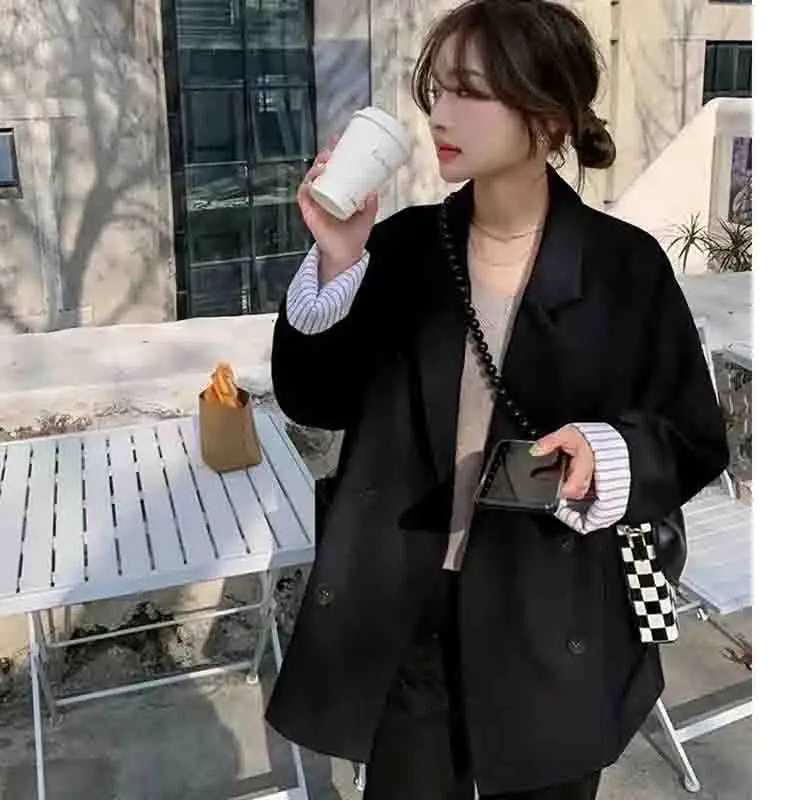 Spring And Autumn Annals New Women Leisure Solid Color Mid Length Version Blazer Coat Female Double Breasted Buckle Suit Jacket