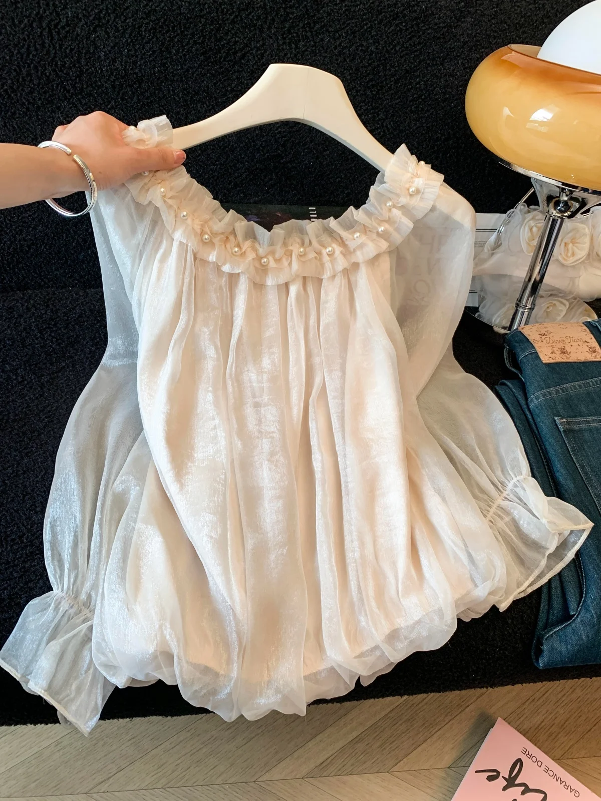 

Летняя тонкая солнцезащитная рубашка с длинными рукавами, женская милая блузка в корейском стиле с узором под дерево и бусинами, свободного кроя