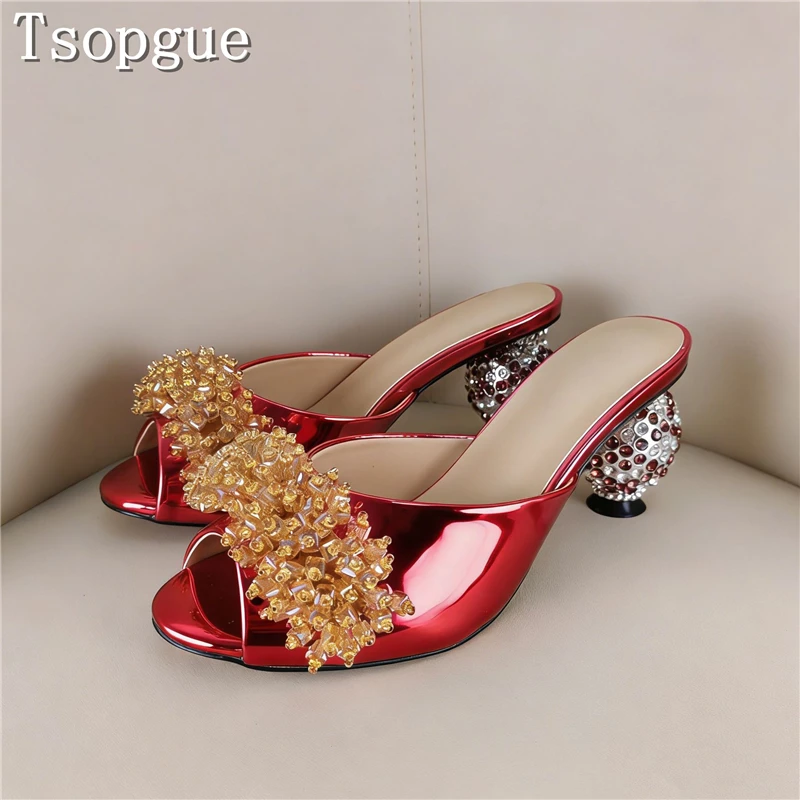 

Gold Crystal Flower Rhinestone Embellished Ball Heel Mules Women Luxury Summer Sandals for Wedding Guests & Evening Dresses