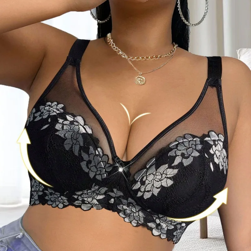 Plus Size Lace Underwear Set with Underwire, Adjustable Straps Bra & Panty Set for Women, 85C-110F (38C-44F)