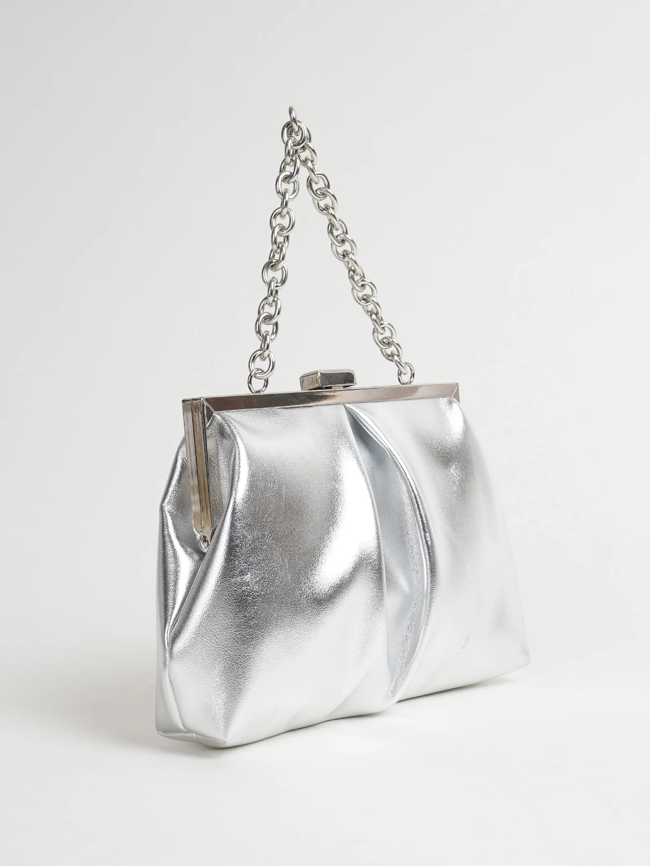 1 Stück Elegante Abendtasche aus Metallic-PU-Leder mit Falten und Kiss-Lock-Verschluss, Glänzender Metallkettenhalter-Rahmen, Crossbody-Clutch-Tasche – Detail 6