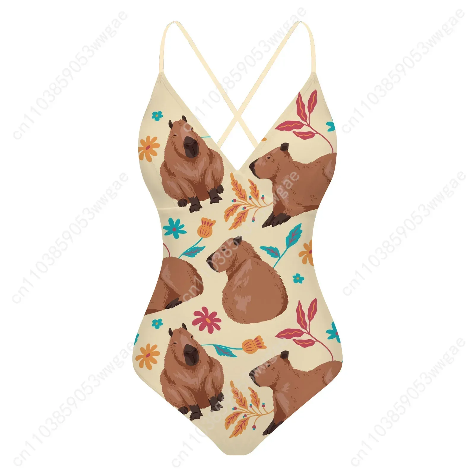 Capybara V-neck Halter Back Swimsuits Womens Bathing Suits Personalized Bikini Pool Beach Sexy Swimwear Customized Beachwears