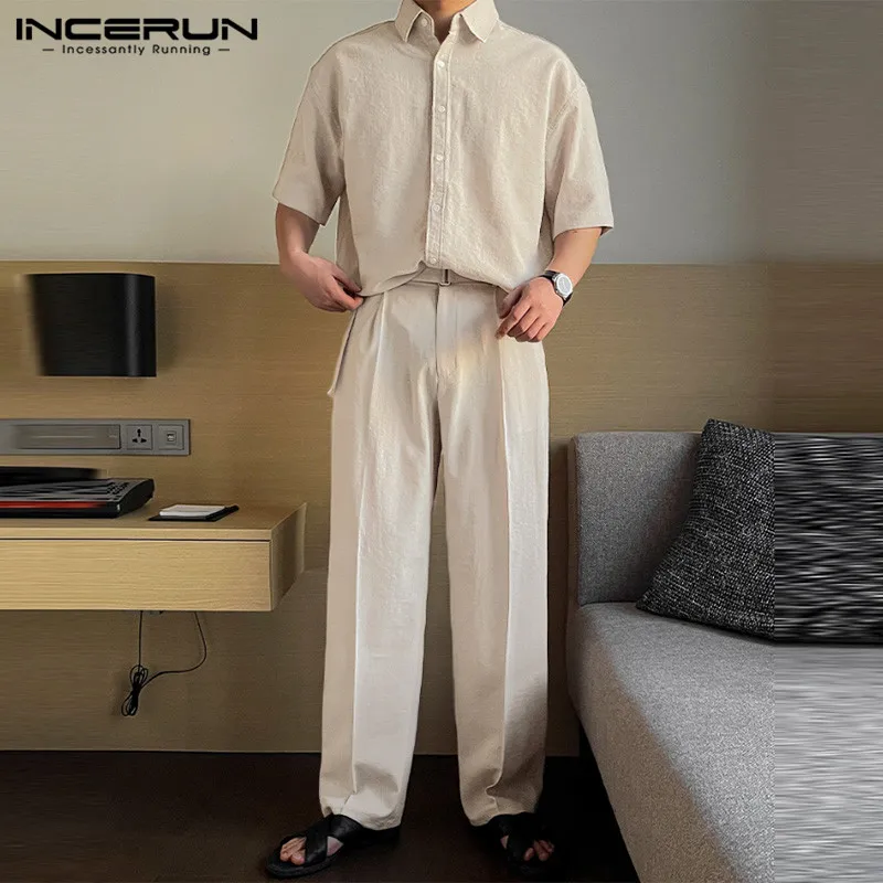 Handsome New Men Sets INCERUN 2024 Solid Short Sleeved Shirts Long Pants Casual Streetwear Male Hot Selling Two-piece Sets S-5XL