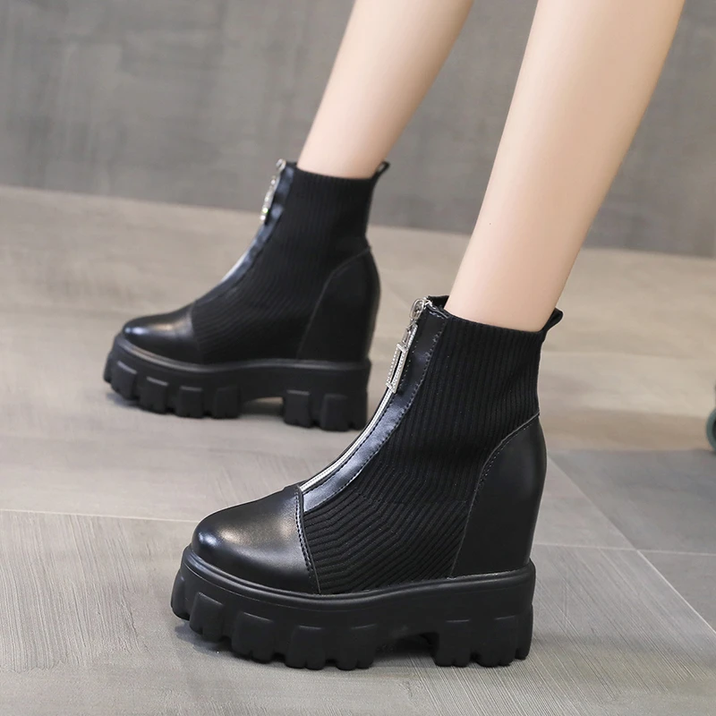 2024 New Winter Ankle Boots Women Quality Platform Boots Female Fashion Short Boot Black 11cm High Heel Zip Women Sock Shoes