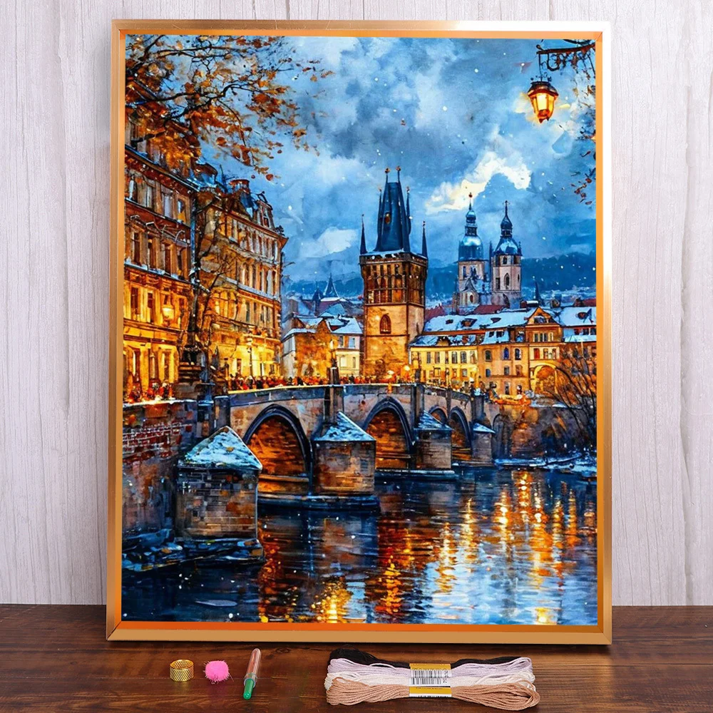 

Landscape City River Printed Cross-Stitch Complete Kit Embroidery Handicraft Painting Hobby Needlework Package Counted Mulina