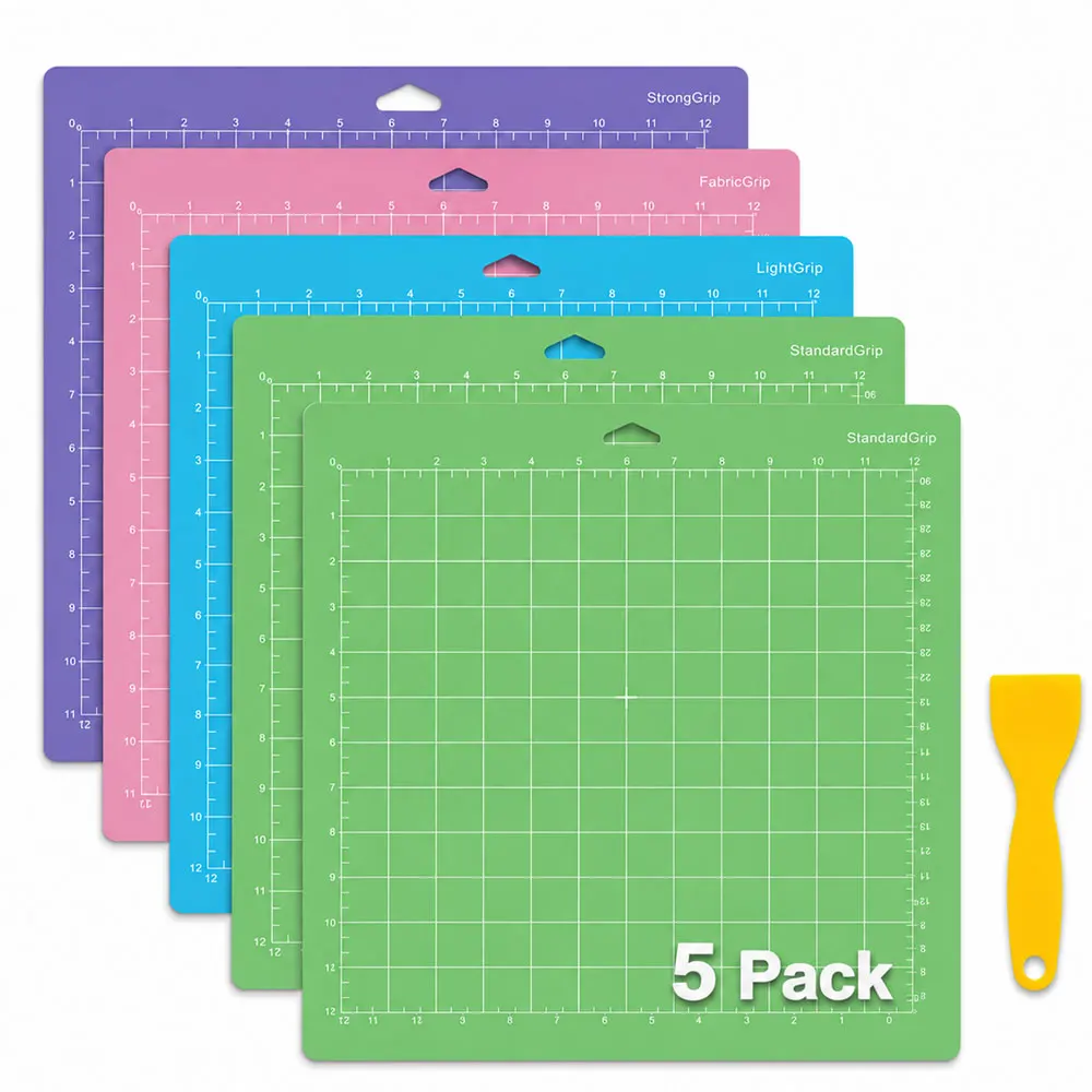5枚セット-12x12インチ-pvcカッティングマット（標準グリップ、ライトグリップ、ストロンググリップ、ファブリックグリップ）、黄色のスクレーパー付き、ビニール、紙、布、diyクラフト用