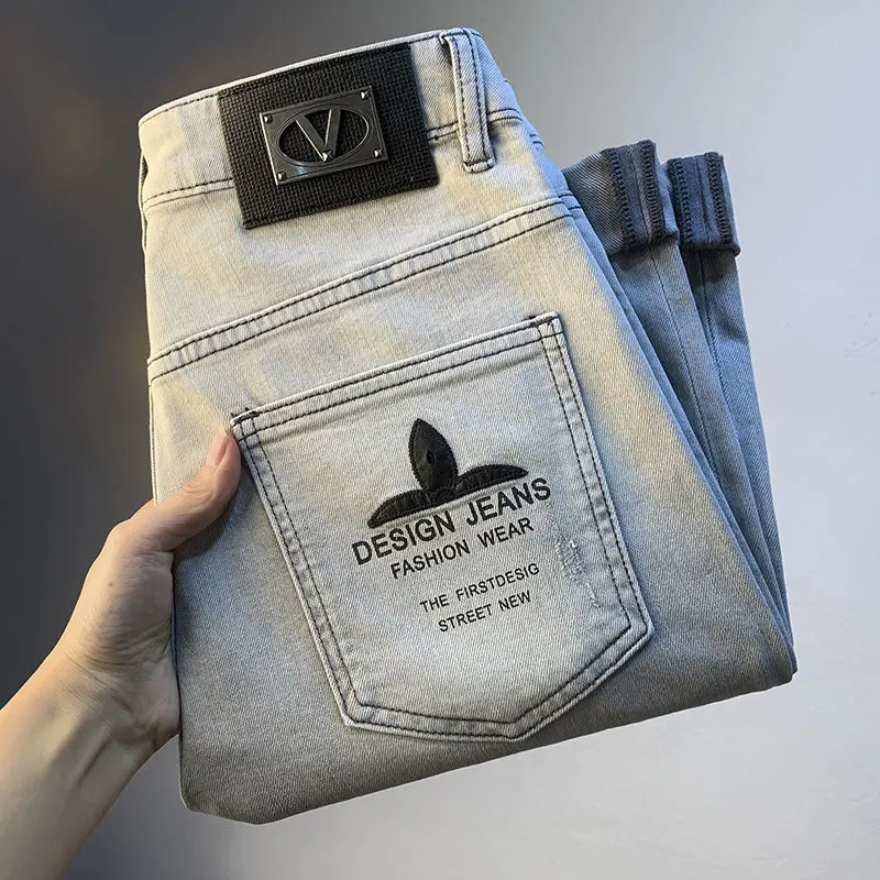

Men's jeans high-end small straight slim-fit trousers letter-printed embroidered casual pants