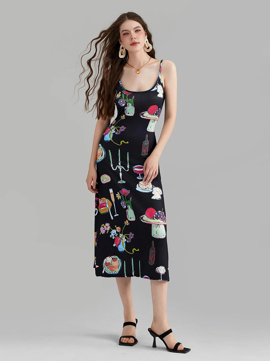 Women Vintage Graphic Print Cami Dress Summer Sleeveless Backless Slip Dress Fashion Midi Bodycon Dress for Club Party