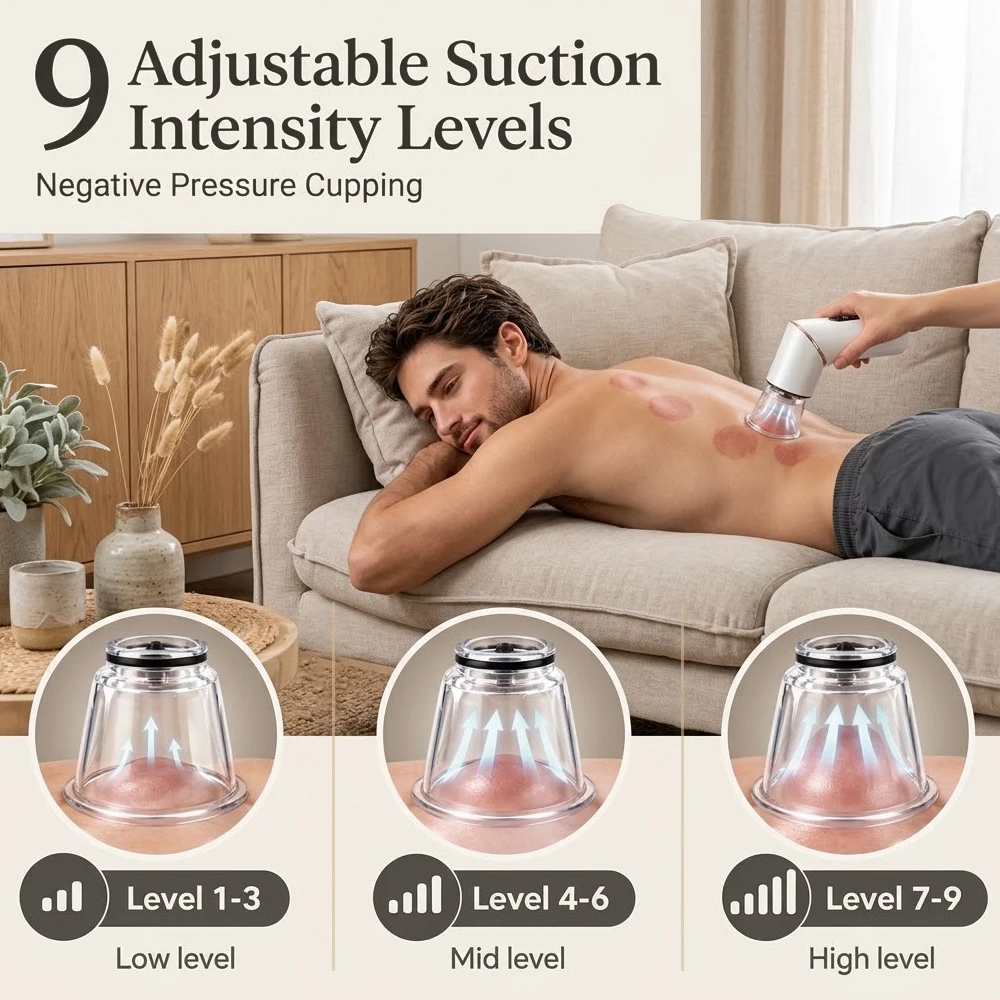 Electric Cupping Massager, 9 Levels Suction Cupping Set with Red Light Gua Sha 6 Cups Cordless for Back Shoulder Home Spa
