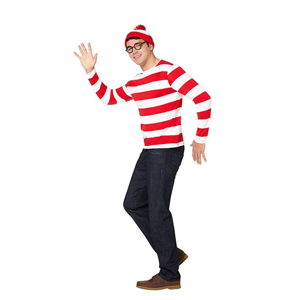 Wheres Waldo Striped Shirt Youth Kids Boys Wally Costume Shirt Glasses and Hat Socks Unisex Adults Halloween Cosplay Costume