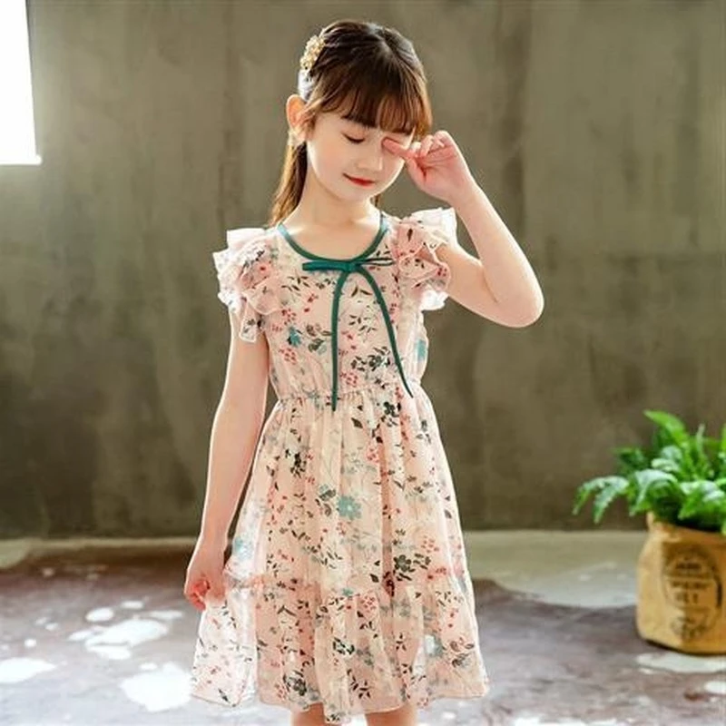 Summer Dress Girls Student Fashion Baby Party Princess Prom Tie-up Chiffon Dresses 2 3 4 5 6 7 8 9 10 12 Years Old Kids Clothes