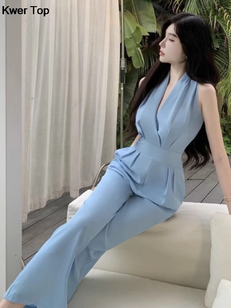 Elegant Women\'s V Neck Wide Leg Jumpsuit Office Lady Fashion Vintage Off Shoulder Bandage Rompers Summer Casual Slim Outfits