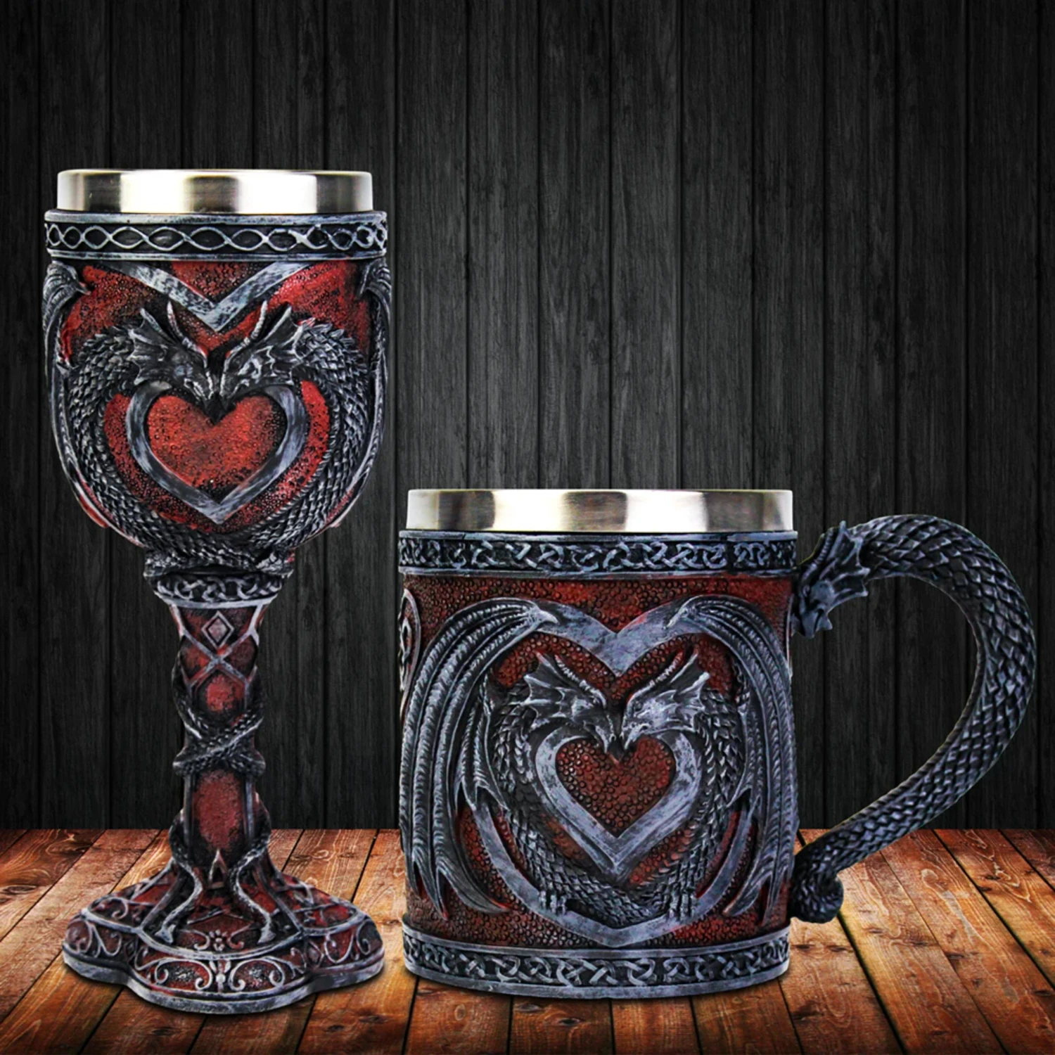 

Unique Medieval Double Dragon Heart Stainless Steel Tankard - Nordic Decor Beer Mug Coffee Cup for Men - Perfect Gift