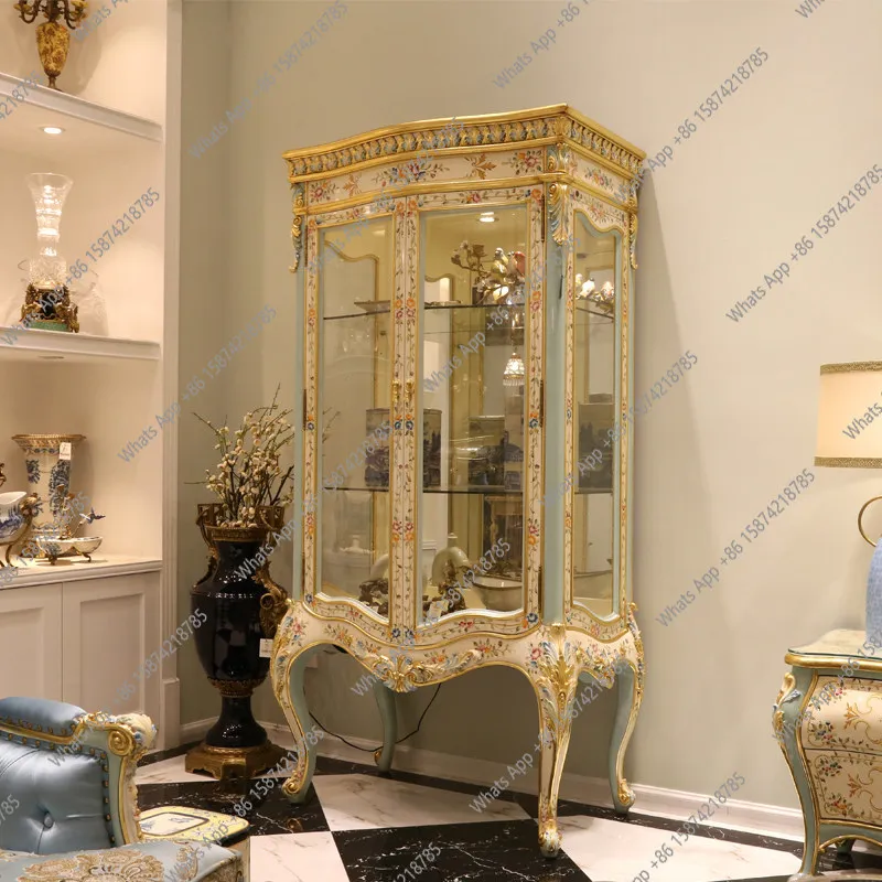 European French living room designer solid wood hand-painted white double door wine cabinet glass decorative cabinet
