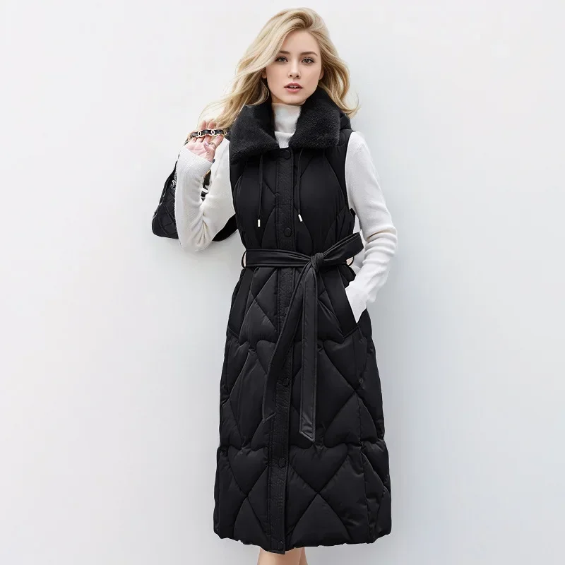 Winter Vrouwen Nieuwe Lange Mouwloze Katoenen Jas Vrouwelijke Bont Revers Thiken Warm Vest Jassen Vrouwen Taille Afslanken Vest Jas 2025