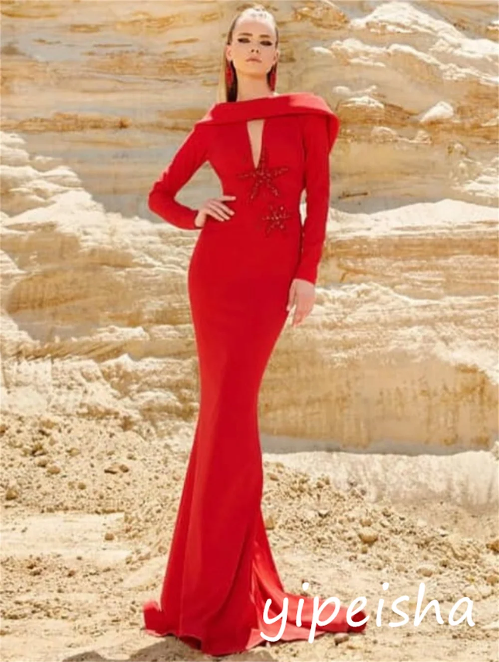 カスタムメイドのパストラル風ユニセックスジャージー、スパンコールプリーツ、トランペットバックレスロングドレス、オーダーメイド、フォーマルな機会に