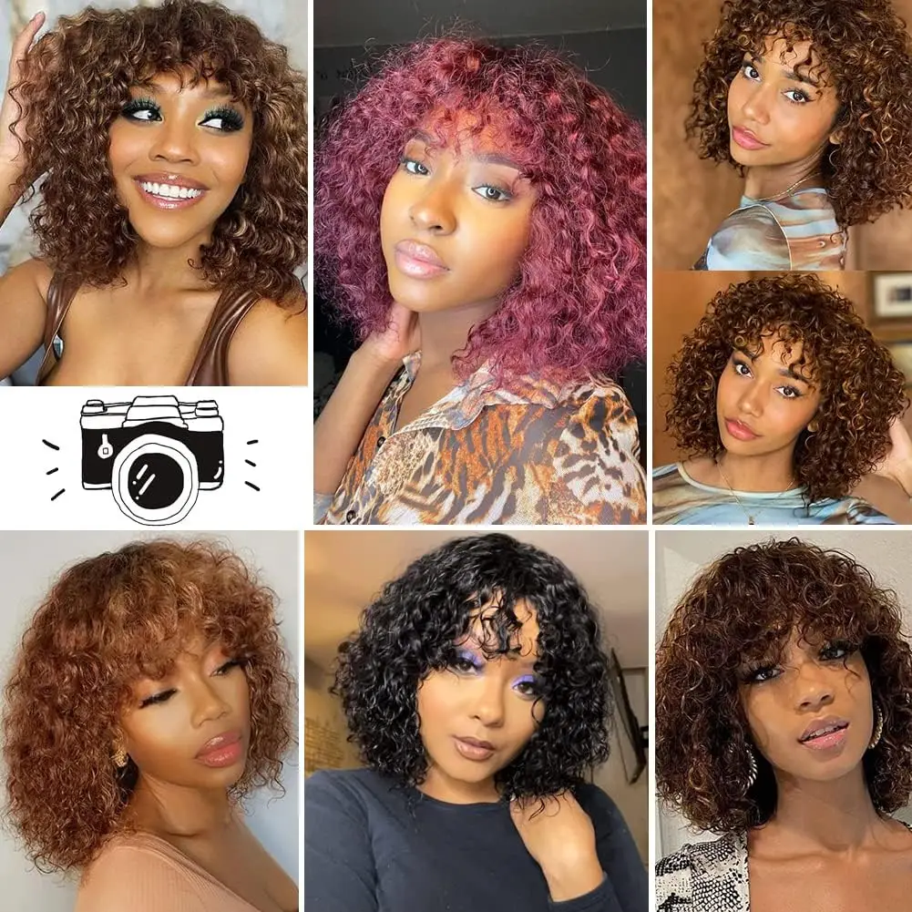 ความหนาแน่น 200% Virgin Human Hair Top Full ทําวิกผมสําหรับผู้หญิงสีดํา Jerry Curly Human Hair Wigs กับ Bangs วิกผมสั้น