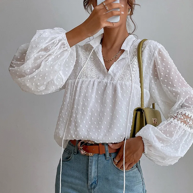 Long Sleeve Tees V-neck Polka-dot Lace Splicing Loose Shirt Womens New Office Commuting Outdoor Formal Pullover Shirt Tops Mujer