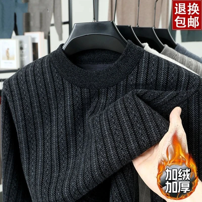 Men's Crew Neck Sweater Solid Stripe Warm Casual Middle Aged Elderly Daily Wear Knit Top