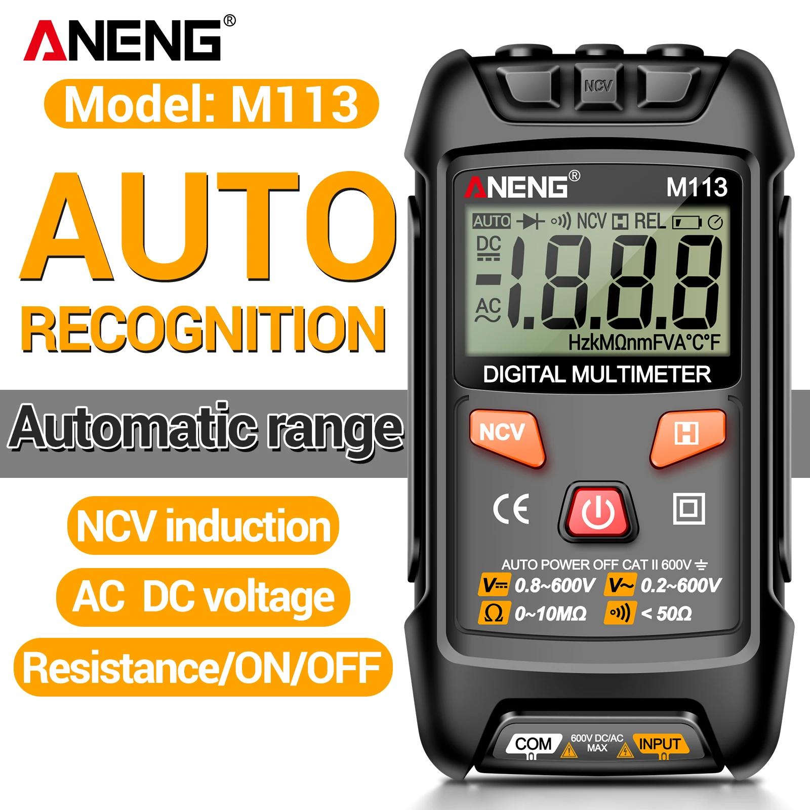ANENG M113 Digital Multimeter Auto Range NCV Auto Identify Volt Res Buzzer Data Hold 1999 Counts Electrical Repair Test Tool