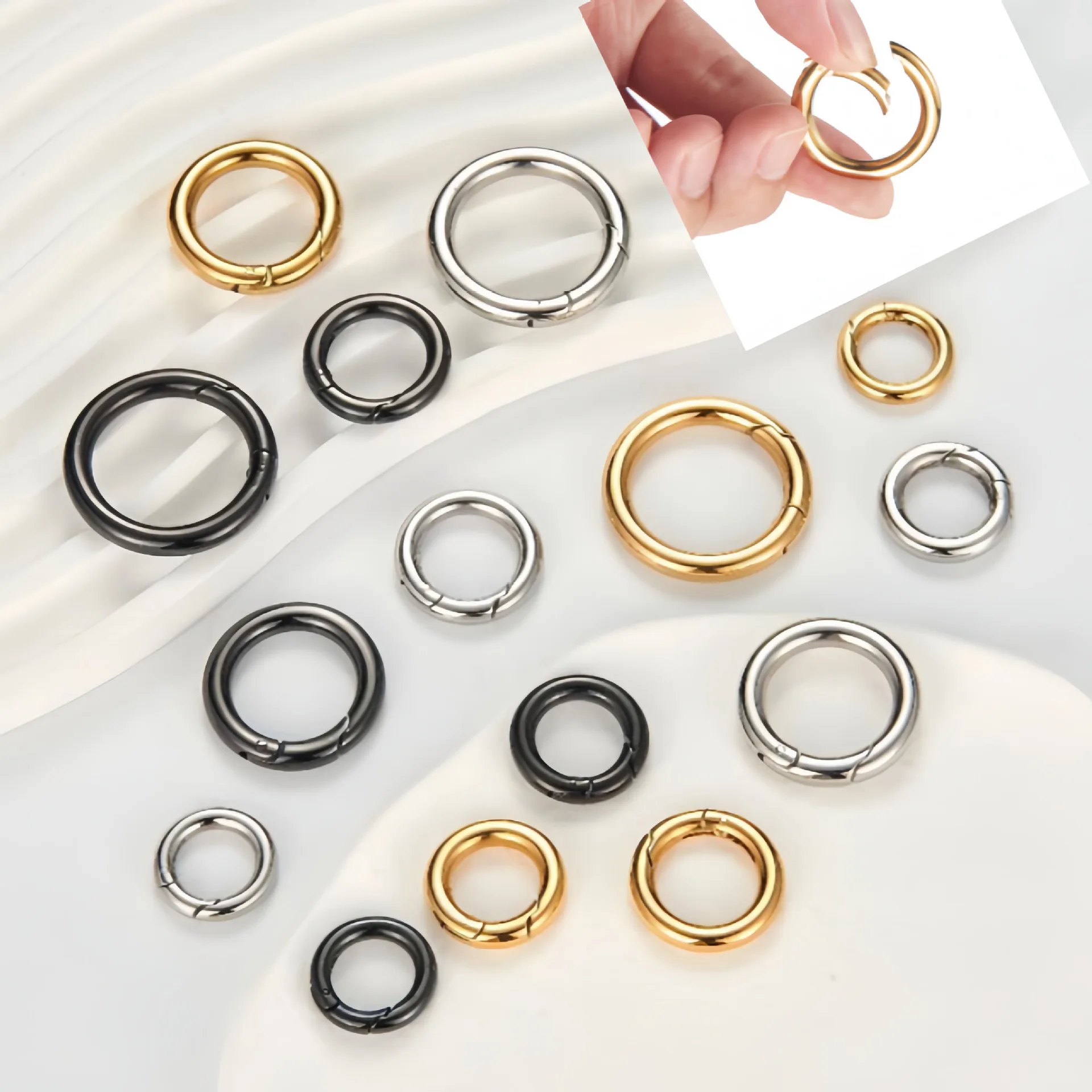 Edelstahl-Schlüsselanhänger mit offener Schnalle, runder Ring, Federverschluss, DIY-Handgefertigtes Taschenzubehör, solide Schmuckhaken – Detail 1