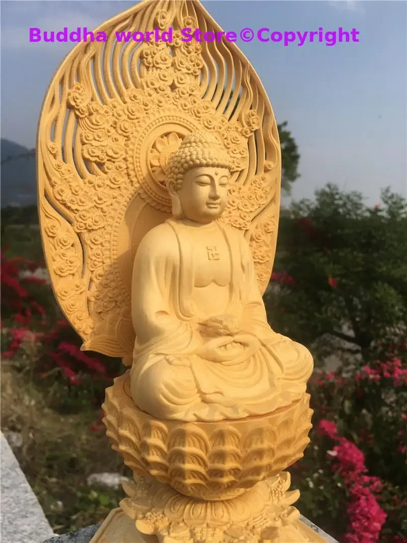 28CM large HOME Family safety health Company SHOP good luck Efficacious protection Amitabha Sakyamuni buddha wood carving statue