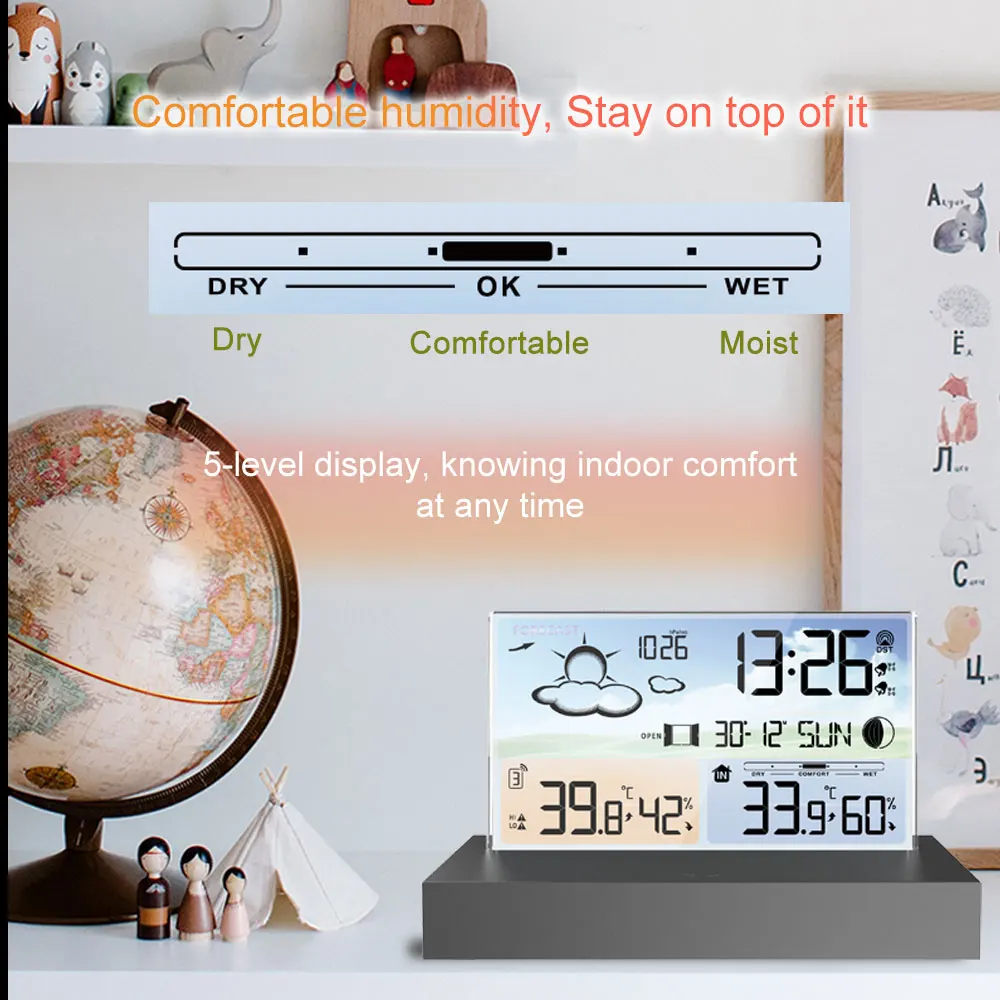 FJ3396C Digital Alarm Clock Temperature Humidity Weather Forecast Electronics Desktop Table Watch AA Battery Living Room Bedroom