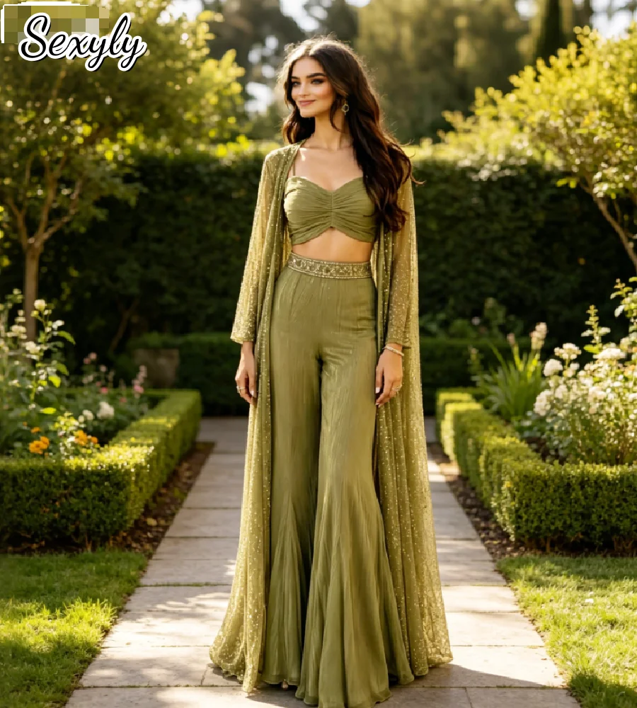 Vestido de Noche Lehenga Verde Oliva de 3 Piezas 2026 con Capa de Tul Brillante, Top Corto y Pantalón Palazzo Acampanado con Cuentas, Vestidos de Gala Indios y Pakistaníes
