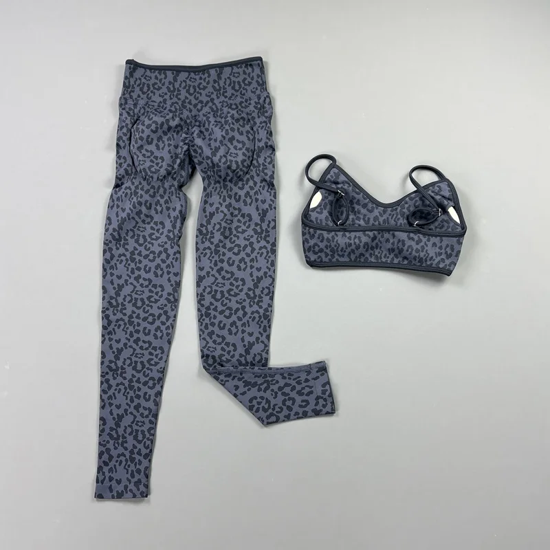 2Pcs Women Leopard Sports Workout Set Backless Thin Strap Bra Butt Lifting Fitness Leggings Stretch Gym Yoga Running Tracksuit