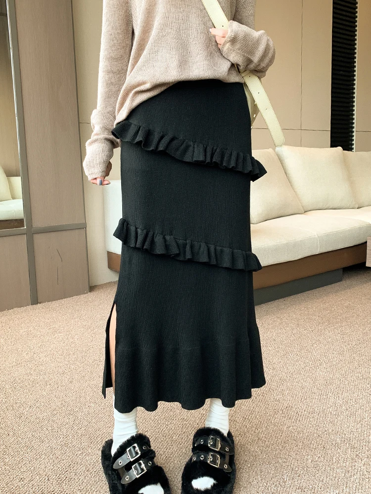 Vintage Fashion Ruffles Skirts Women Knitted Skirts High Waist Side Split Straight Sweater Skirt Autumn Winter Warm Black Skirt