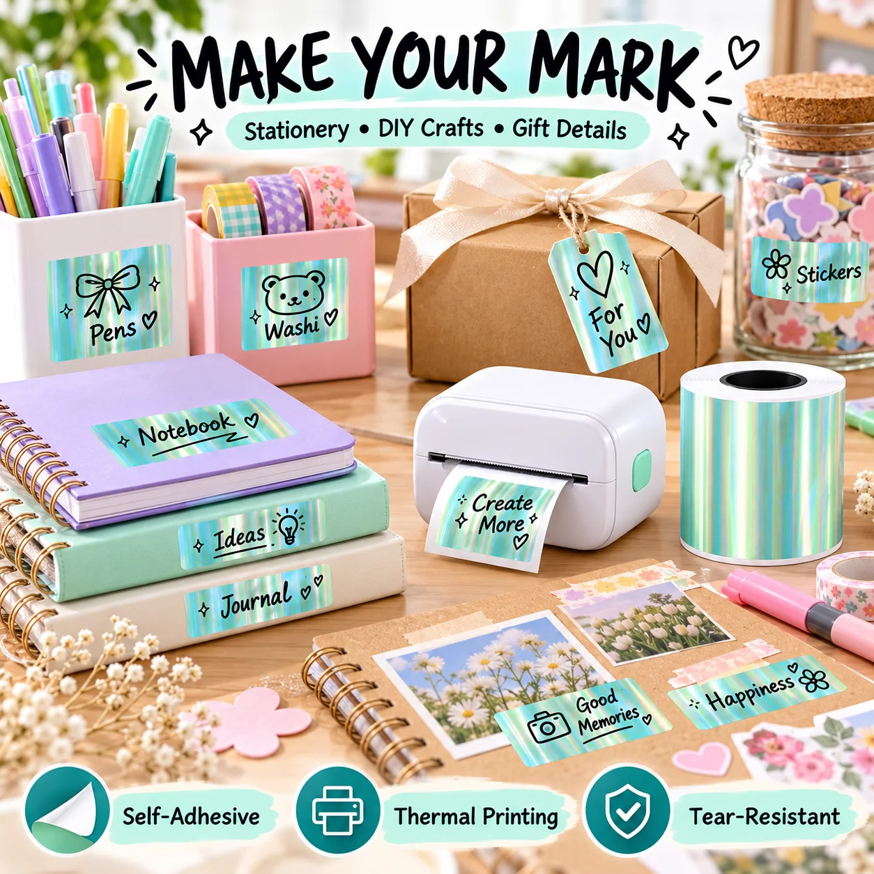 Cyan Laser Thermal Label Sticker Roll Waterproof Tear Resistant Self Adhesive Compatible for Mini Printer Storage Tag