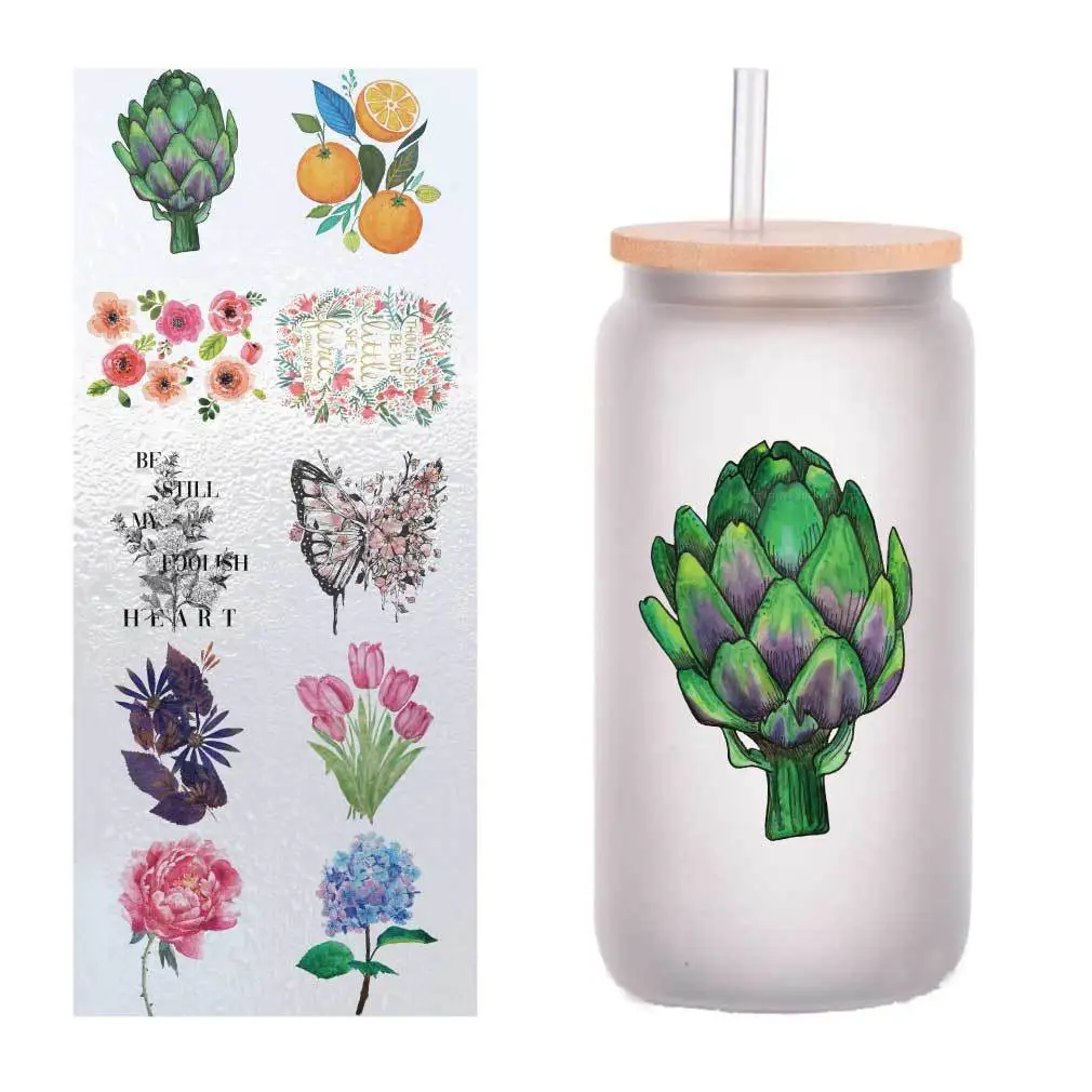 

10 pieces/pack watercolor flower plant UV transfer sticker Crystal label glass sticker customized four inches